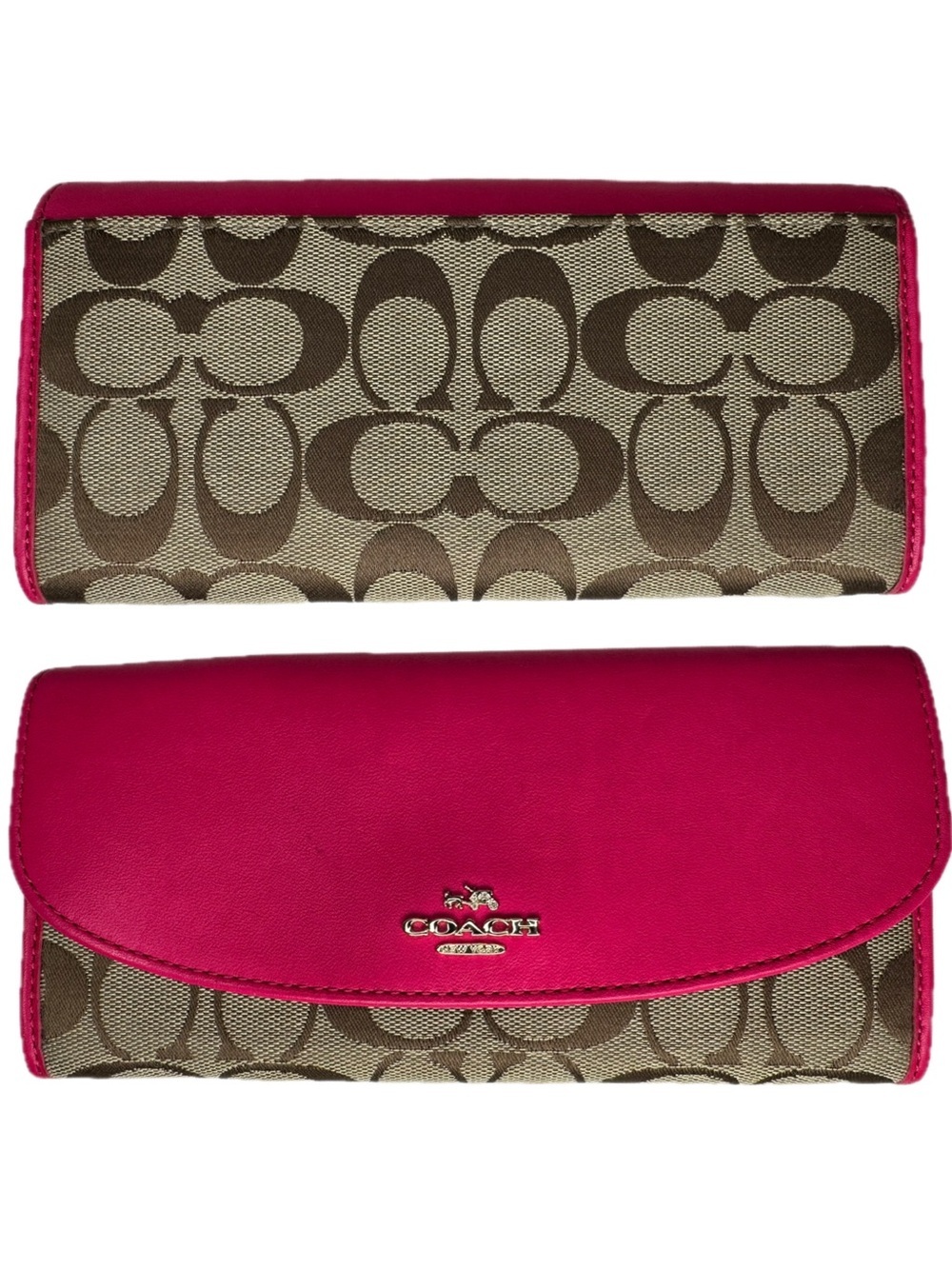 Coach Signature C Khaki Brown Jacquard And Ruby Pink Leather Wallet